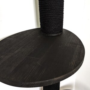 May include: A black wooden platform with a black rope-covered post attached to it. The platform is round and has a slightly raised edge.