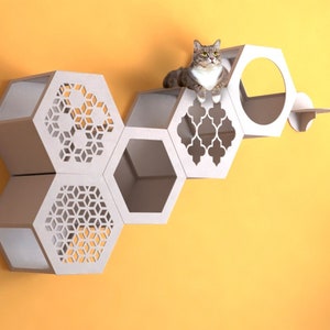 Cat Hexagons in White Color, Cat wall furniture, Cat shelves, Cat furniture, Cat wall shelves, Wall mounted cat bed, Cat wall furniture set