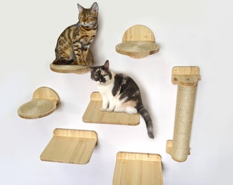 Cat Wall Shelves Set with 3 Shelves 3 Round sisal Steps and Scratching post, Cool Furniture Set for Cats for Indoor and Outdoor use