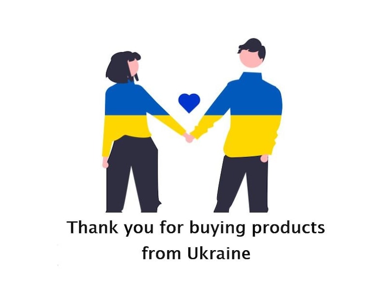 Op de afbeelding: Twee cartoonfiguren, een vrouw en een man, die elkaar de hand vasthouden. Ze dragen allebei blauw-gele shirts, die de kleuren van de Oekra&iuml;ense vlag voorstellen. Een blauw hart bevindt zich tussen hen. De tekst eronder luidt "Bedankt voor het kopen van producten uit Oekra&iuml;ne."