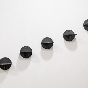 May include: Five black wooden wall shelves in a staggered pattern. Each shelf is a circle with a small shelf extending out from the side.