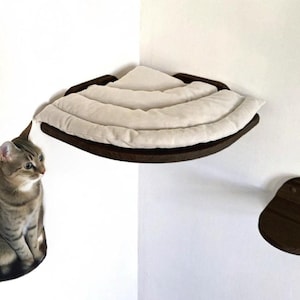 Corner Cat Shelf Bed from Pine Wood with Steps, Wall mounting corner cat tree, Wall mounted cat bed, Cat Shelves, Wall Cat Bed with pillow