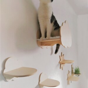 Modern Chunky Flying Cat Bed with White Fur | Wall mounted cat bed - gift for cat lover! | Cloud Calming Cat Bed, cozy and soft, for indoors image 7