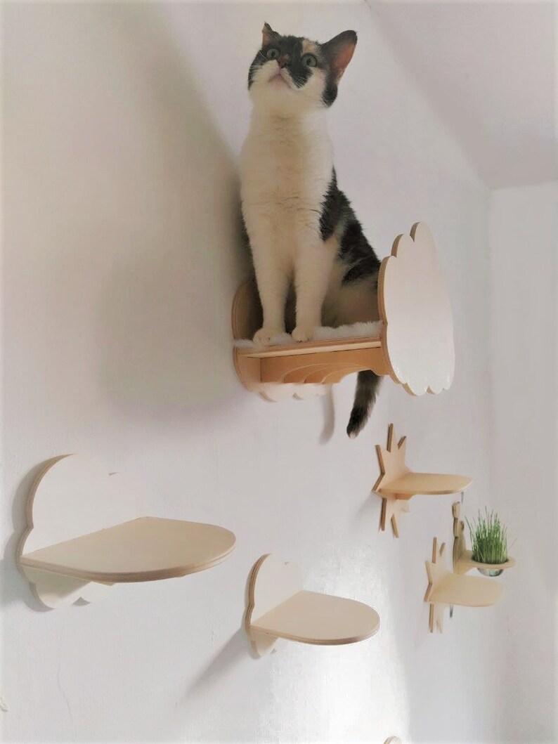 Modern Chunky Flying Cat Bed with White Fur | Wall mounted cat bed - gift for cat lover! | Cloud Calming Cat Bed, cozy and soft, for indoors image 7