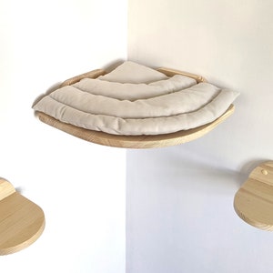 Corner Cat Shelf Bed from Pine Wood with Steps, Wall mounting corner cat tree, Wall mounted cat bed, Cat Shelves, Wall Cat Bed with pillow