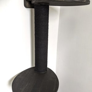 May include: A black cat tree with a rope-covered post and three platforms. The top platform is a small shelf, while the bottom two are larger and round.