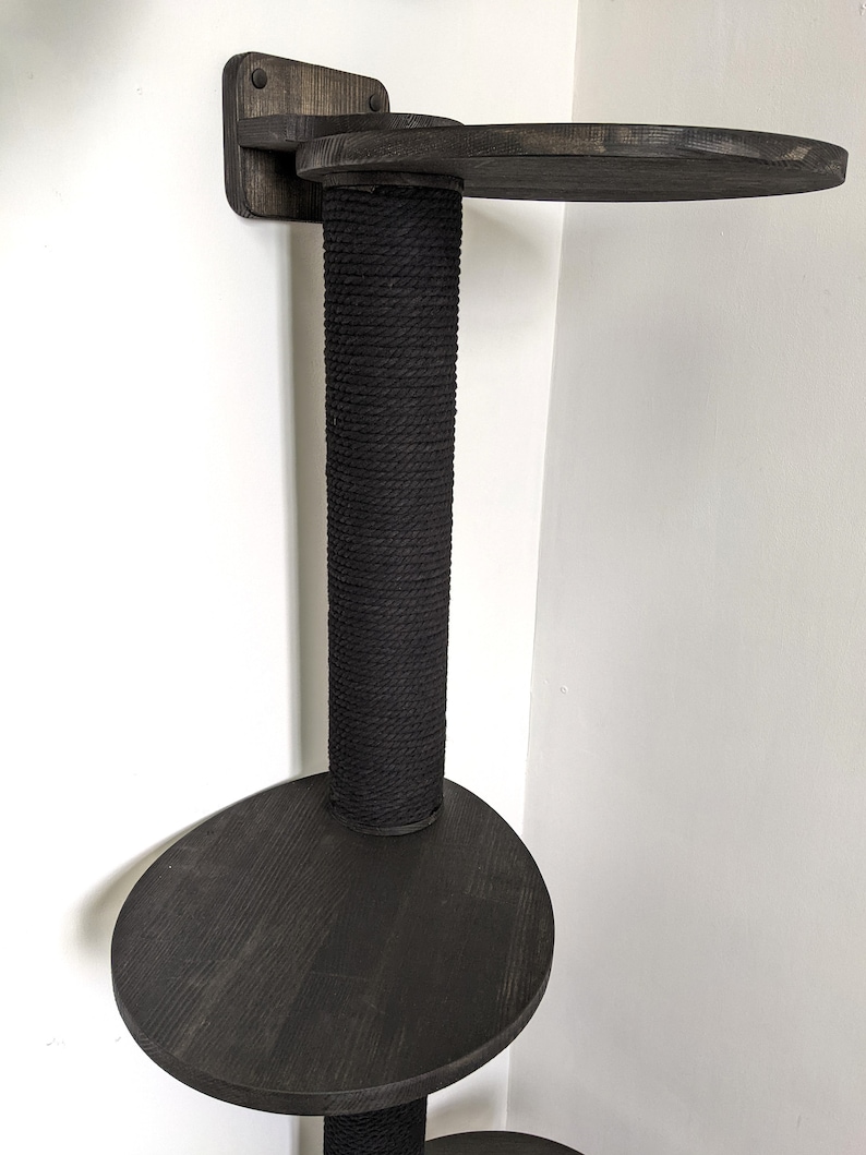 May include: A black cat tree with a rope-covered post and three platforms. The top platform is a small shelf, while the bottom two are larger and round.