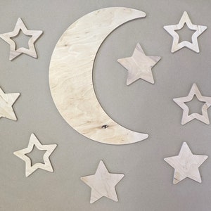 Set of Wooden Wall Stars and Big Moon maded from Plywood, Nursery Wall Decor set, Moon wall decor with Stars, Wall hanging with moon image 4