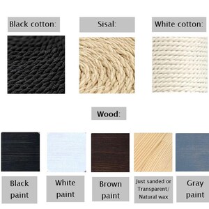 May include: Close-up of different materials used for cat scratching posts.  The materials include black cotton rope, sisal rope, white cotton rope, black paint, white paint, brown paint, natural wood, and gray paint.