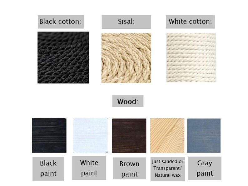 May include: Close-up of different materials used for cat scratching posts.  The materials include black cotton rope, sisal rope, white cotton rope, black paint, white paint, brown paint, natural wood, and gray paint.