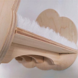 Modern Chunky Flying Cat Bed with White Fur | Wall mounted cat bed - gift for cat lover! | Cloud Calming Cat Bed, cozy and soft, for indoors image 5