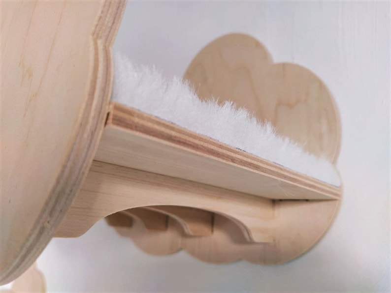 Modern Chunky Flying Cat Bed with White Fur | Wall mounted cat bed - gift for cat lover! | Cloud Calming Cat Bed, cozy and soft, for indoors image 5
