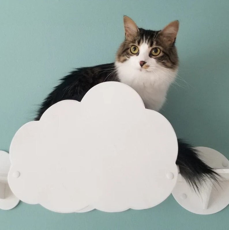 Modern Chunky Flying Cat Bed with White Fur | Wall mounted cat bed - gift for cat lover! | Cloud Calming Cat Bed, cozy and soft, for indoors image 1