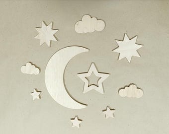 Set of Wooden Wall Stars, Clouds and Moon maded from Plywood, Nursery Wall Decor set, Moon wall decor with Stars, Wall hanging with moon