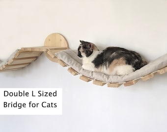 Doppelte Katzenbrücke aus Kiefernholz, L Size mit oder ohne Kissen, Modernes Katzenregal für alle Arten von Wänden, Katzenwandmöbel