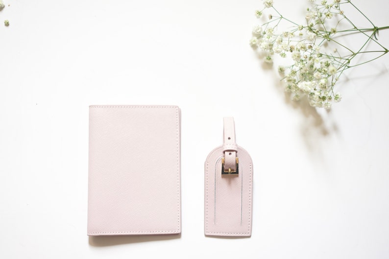 Personalised Saffiano Passport Holder & Luggage Tag Various Colours With Monogram Pink