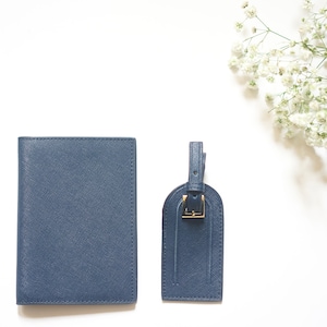 Personalised Saffiano Passport Holder & Luggage Tag Various Colours With Monogram Navy