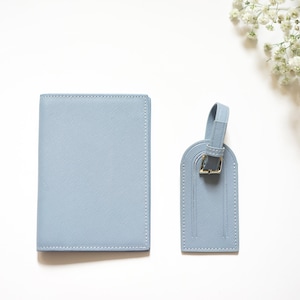 Personalised Saffiano Passport Holder & Luggage Tag Various Colours With Monogram Blue