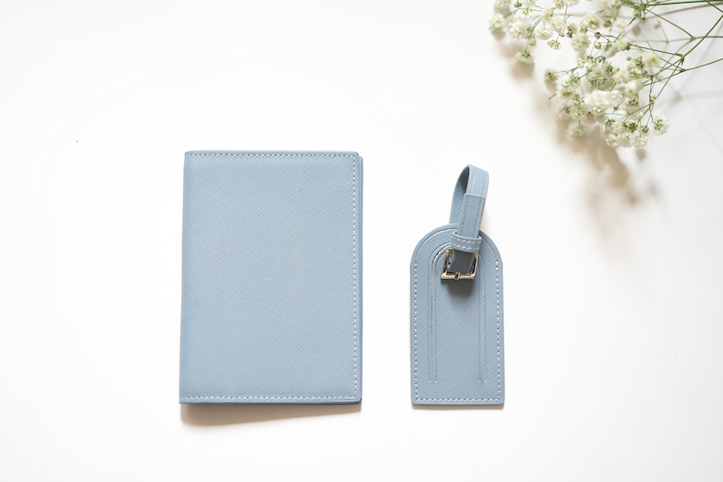 Personalised Saffiano Passport Holder & Luggage Tag Various Colours With Monogram Blue