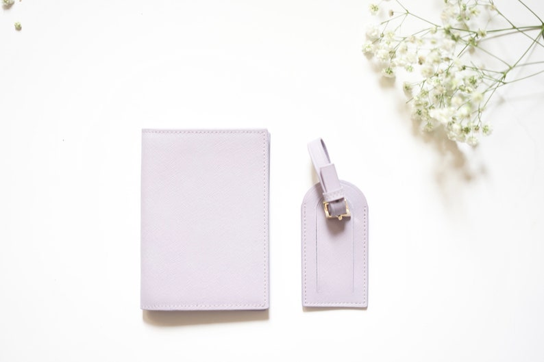 Personalised Saffiano Passport Holder & Luggage Tag Various Colours With Monogram Purple