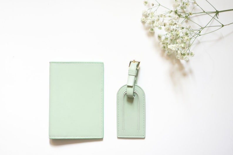Personalised Saffiano Passport Holder & Luggage Tag Various Colours With Monogram Green