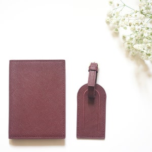 Personalised Saffiano Passport Holder & Luggage Tag Various Colours With Monogram Burgundy