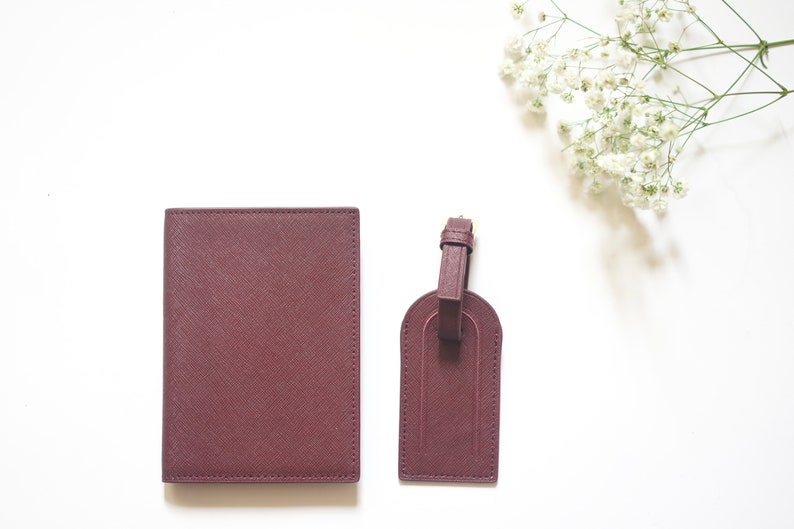 Personalised Saffiano Passport Holder & Luggage Tag Various Colours With Monogram Burgundy