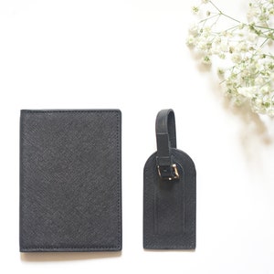 Personalised Saffiano Passport Holder & Luggage Tag Various Colours With Monogram Black