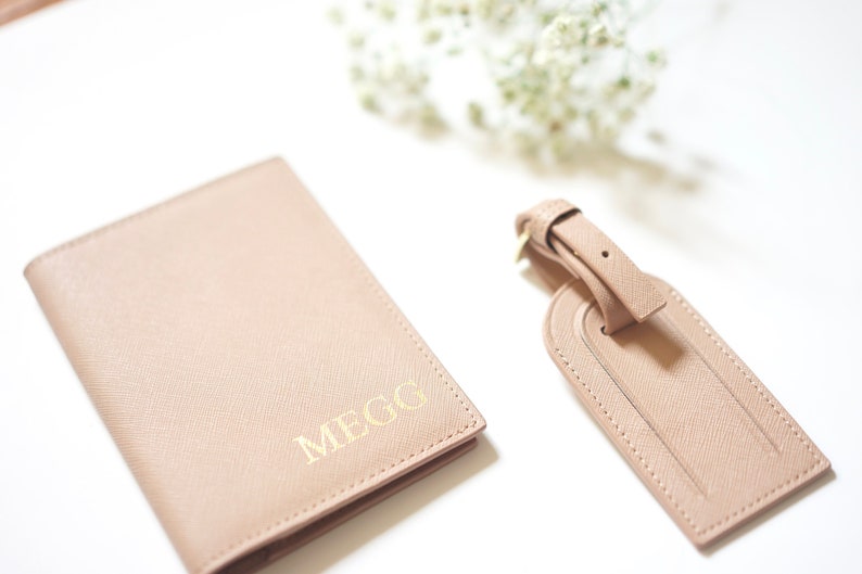 Personalised Saffiano Passport Holder & Luggage Tag Various Colours With Monogram Beige