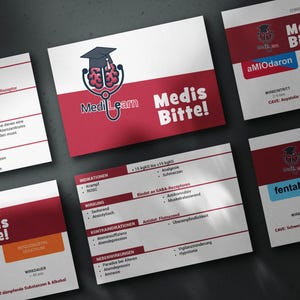 May include: A collection of rectangular educational flashcards titled Medis Bitte! featuring a logo of a brain wearing a graduation cap with a stethoscope. The cards contain medical information, drug names like Midazolam, aMIOdaron, and fentaNYL, with red and white colour schemes.