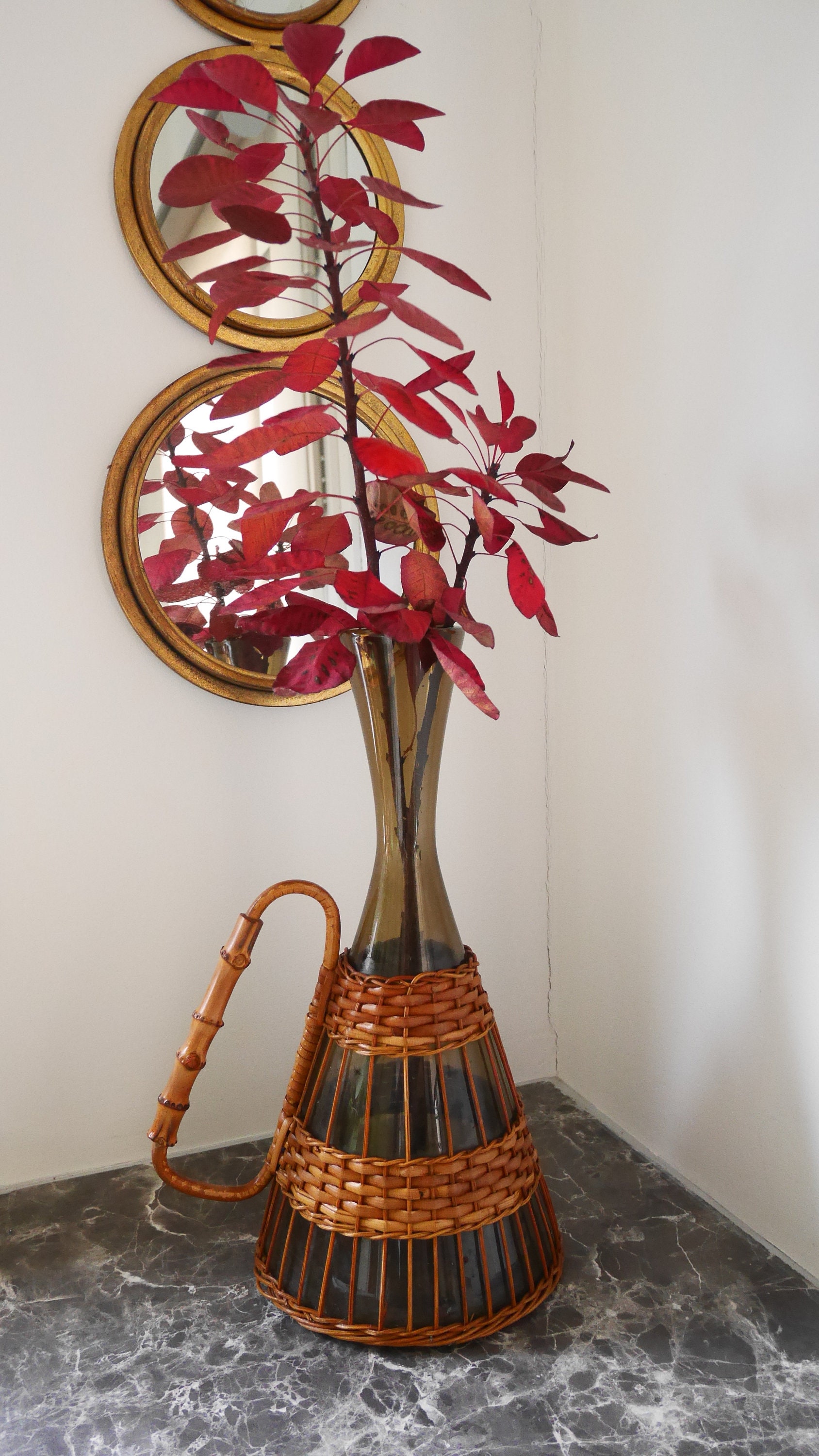 Vase en Verre Fumé et Rotin - Années 1960