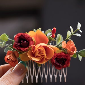 Floral rose fall burnt orange, red hair comb hair piece, flower hair comb, bridal hair comb, flower hair piece, wedding comb