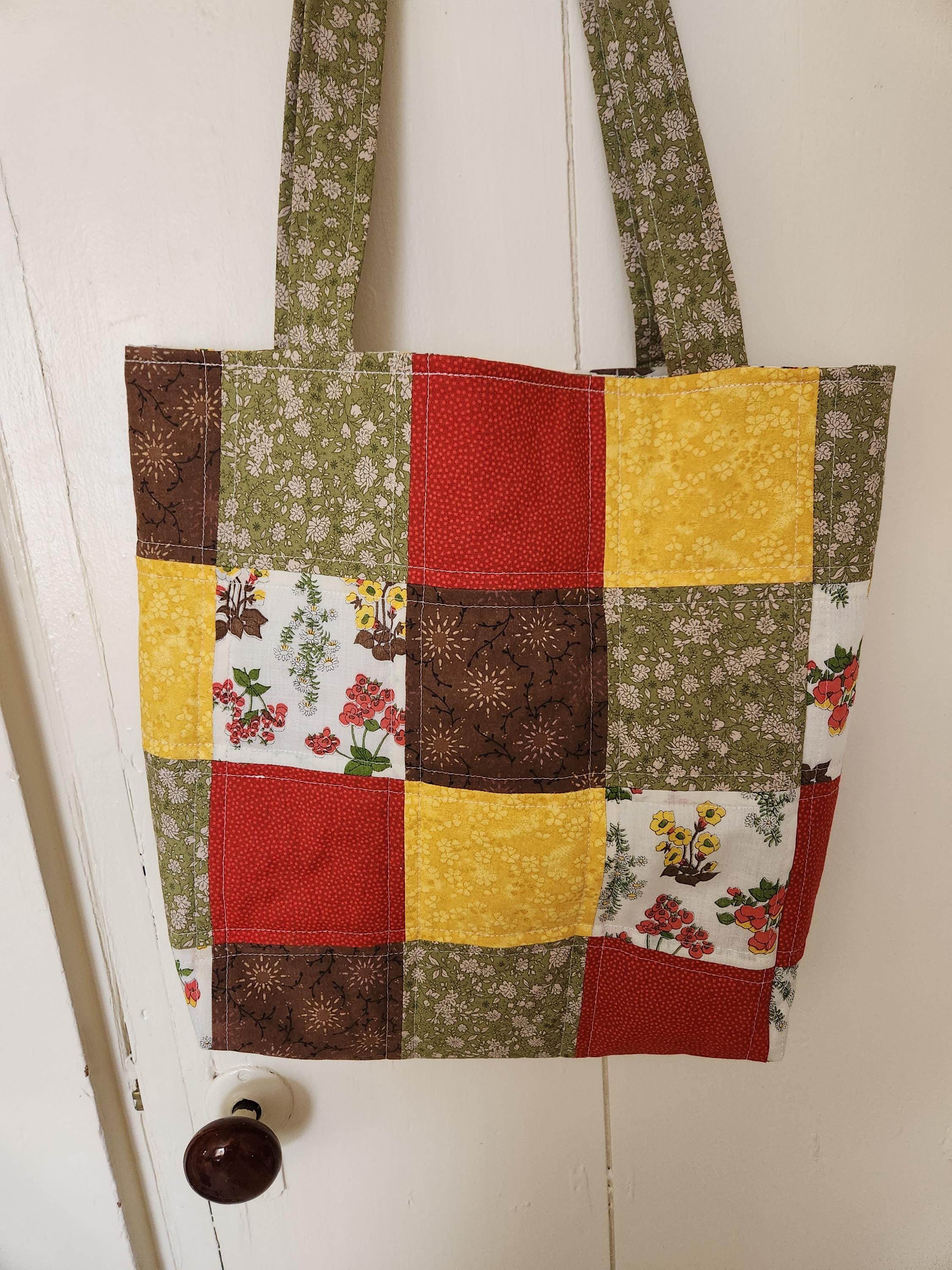 Quilted Patchwork Floral Tote Bag Vintage Flower Bag Handsewn