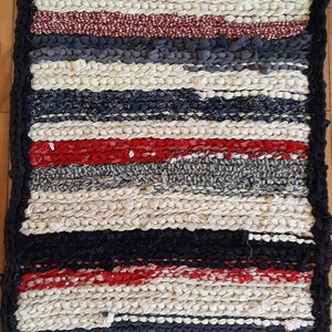 crocheted rag rug washable handmade small rectangular rug  Canadian  made from recycled materials