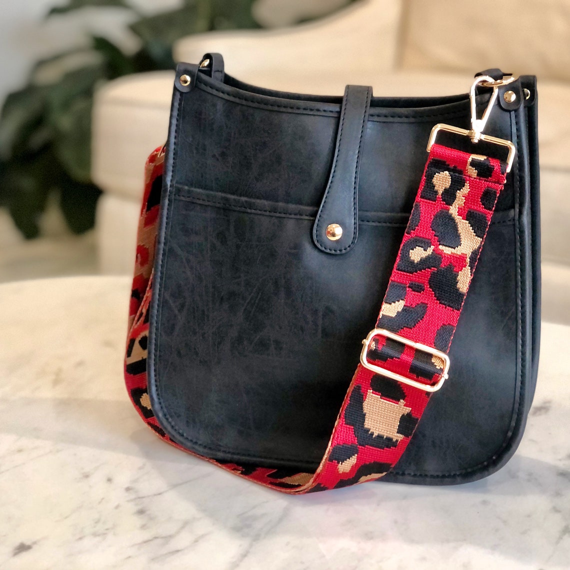 Vegan Leather Messenger Bag Black Etsy