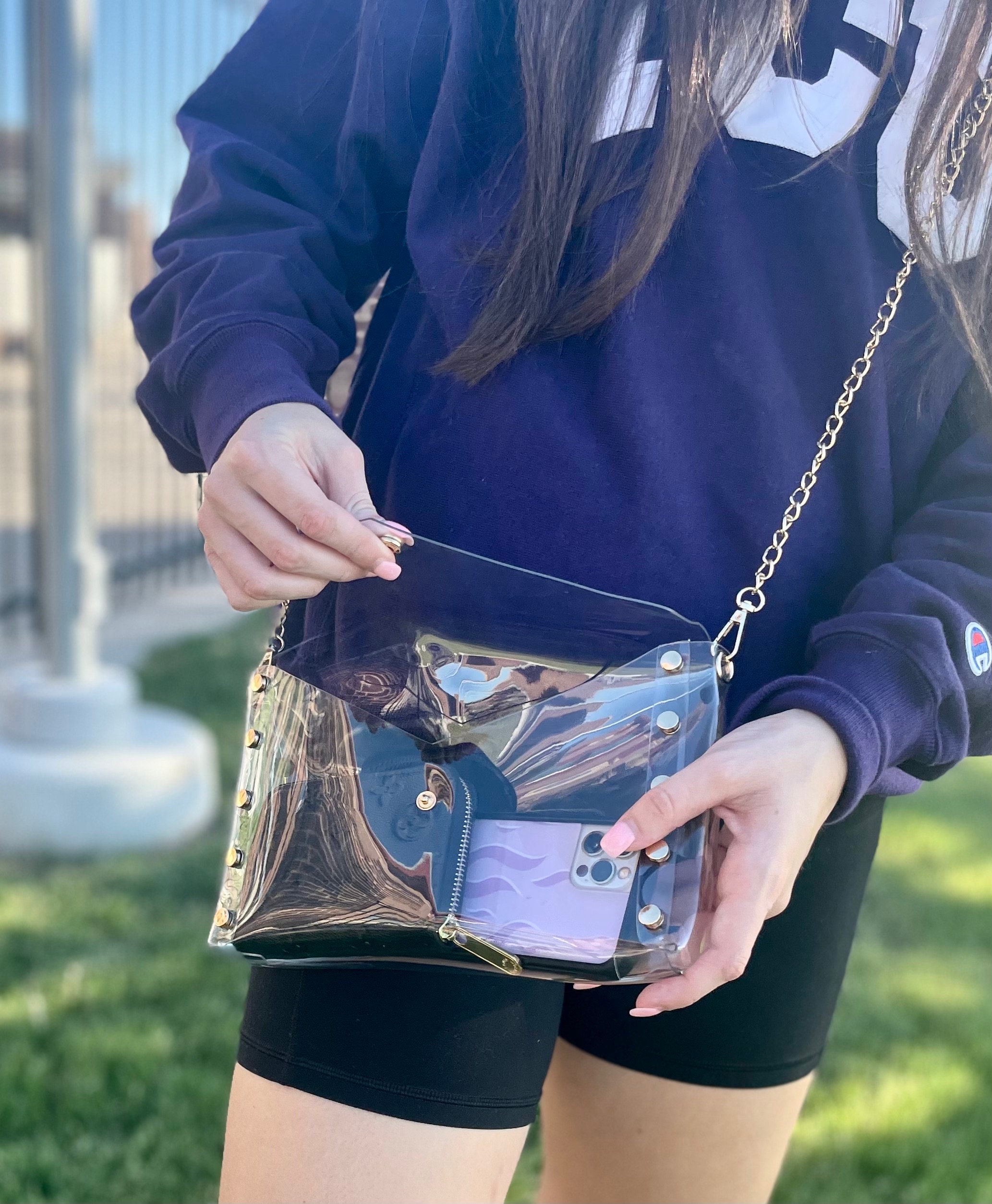 Clear Stadium Bag, Clear Purse, Clear Bag, Clear Stadium Bag Crossbody,  Clear Bag for Stadium, Gold Studded Clear Bag