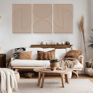 Rustic Boho Beauty Set of 3 Mid Century Wood Wall Art, Geometric Panel ...
