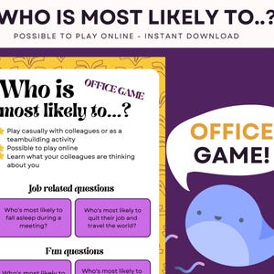 Könnte beinhalten: Ein druckbares Bürospiel mit einer Illustration eines blauen Wals. Das Spiel heißt "Wer ist am wahrscheinlichsten...?" und enthält Fragen zu Arbeits- und Freizeitthemen.