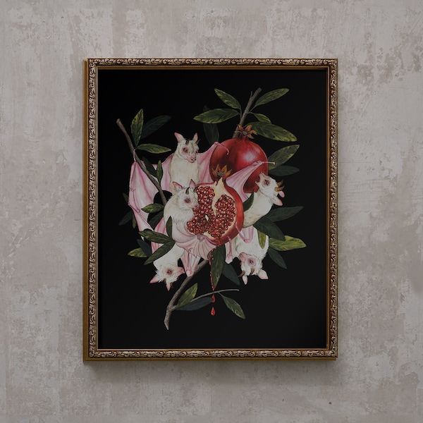 Albino Fruit Bats Pomegranate Dark Academia- Giclee Print from original hand-painting by Albino Jackrabbit