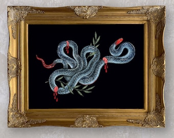 May include: A framed artwork depicting a blue snake with red markings, coiled and intertwined on a black background. The snake appears to be bleeding from several wounds.