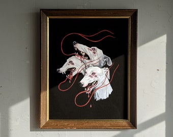 Cerberus Grey Hound Devil Dog- Giclee Print from original hand-painting by Albino Jackrabbit