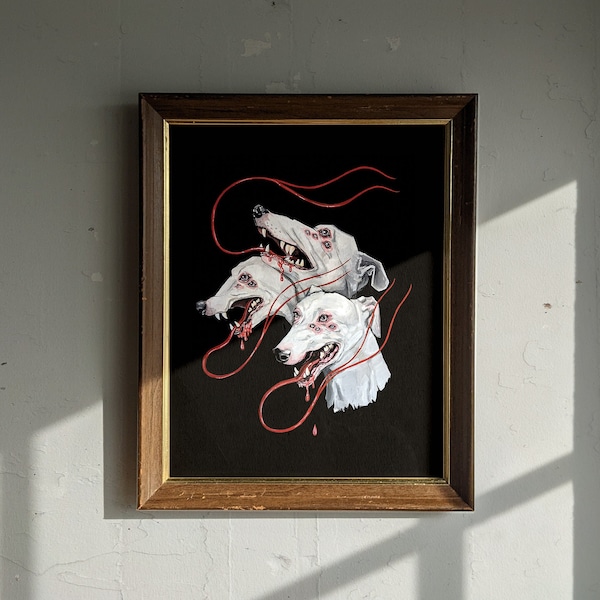 Cerberus Grey Hound Devil Dog- Giclee Print from original hand-painting by Albino Jackrabbit