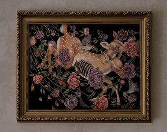 Fawn Deer with Birds and Flowers gothic botatnical art- Giclee Print from original hand-painting by Albino Jackrabbit