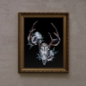 Cráneo de ciervo con flores- Impresión Giclee de pintura original a mano de Albino Jackrabbit