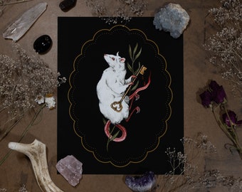 White Rat with Key and Gold Border- Giclee Print from original hand-painting by Albino Jackrabbit