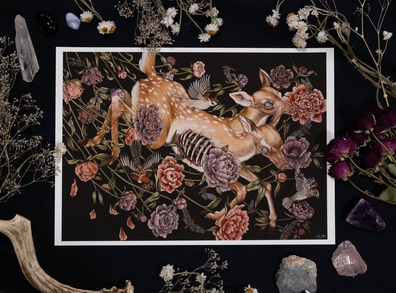 Fawn Deer with Birds and Flowers gothic botatnical art Giclee Print from original hand-painting by Albino Jackrabbit image 4