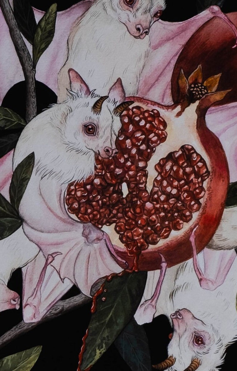 Albino Fruit Bats Pomegranate Dark Academia Giclee Print from original hand-painting by Albino Jackrabbit image 2