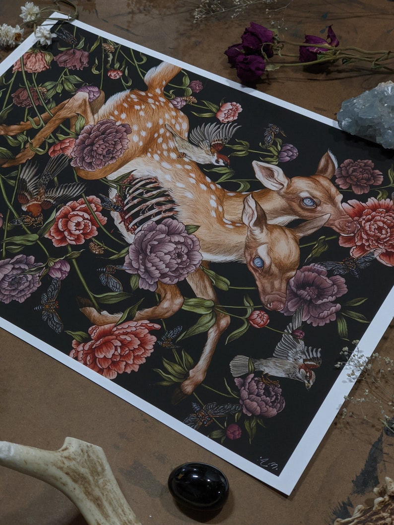 Fawn Deer with Birds and Flowers gothic botatnical art Giclee Print from original hand-painting by Albino Jackrabbit image 2