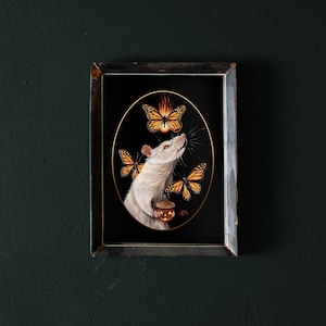 Rata blanca con mariposas monarca Decoración gótica del hogar- Impresión Giclee de pintura original a mano de Albino Jackrabbit