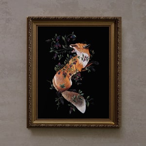 キツネとベリーとミツバチ - アルビノ ジャックラビットによるオリジナルの手描きのジクレー プリント